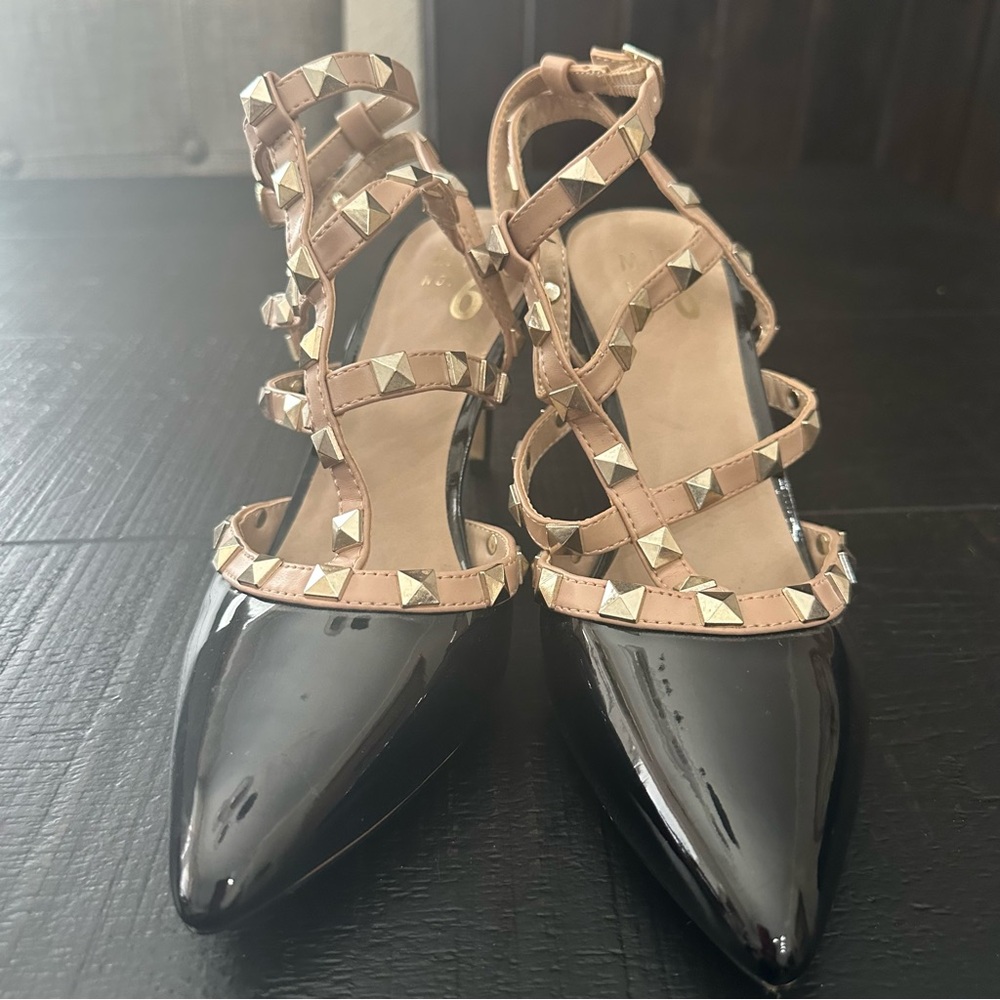 Mix No. 6 Black Patent Pointed-Toe Heels with Nude Studded Straps